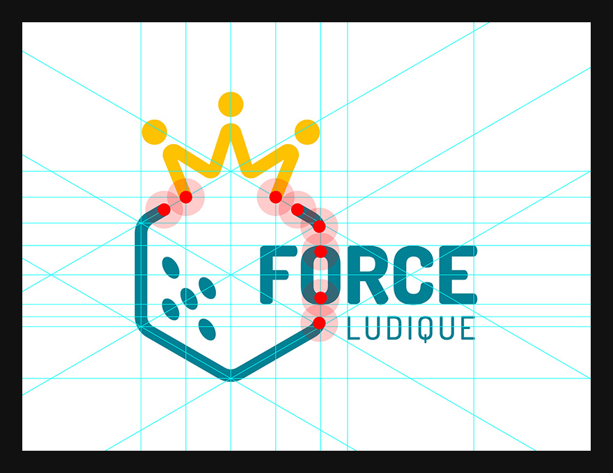 Visualisation des rapports de proportions de la première proposition de logo pour la Force Ludique. Les éléments du logo et la répartition du vide suivent tous deux des proportions rigoureuses, basées sur des multiples de 7.