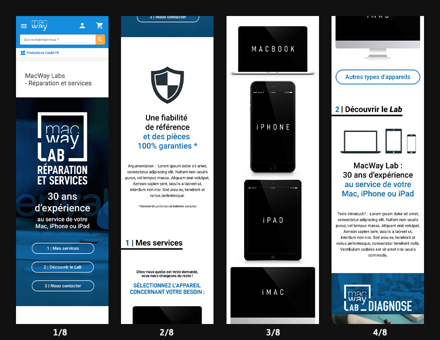 Première moitié de la landing page des services MacWay Lab.