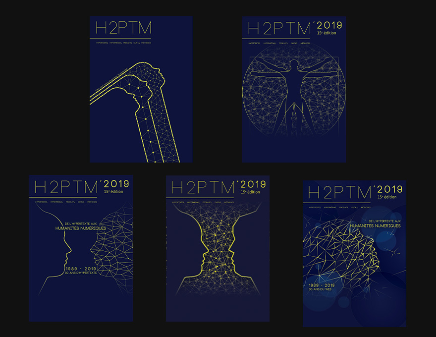 Exemples d'itérations de concepts proposés pour discussion pendant le développement de l'identité visuelle du colloque.