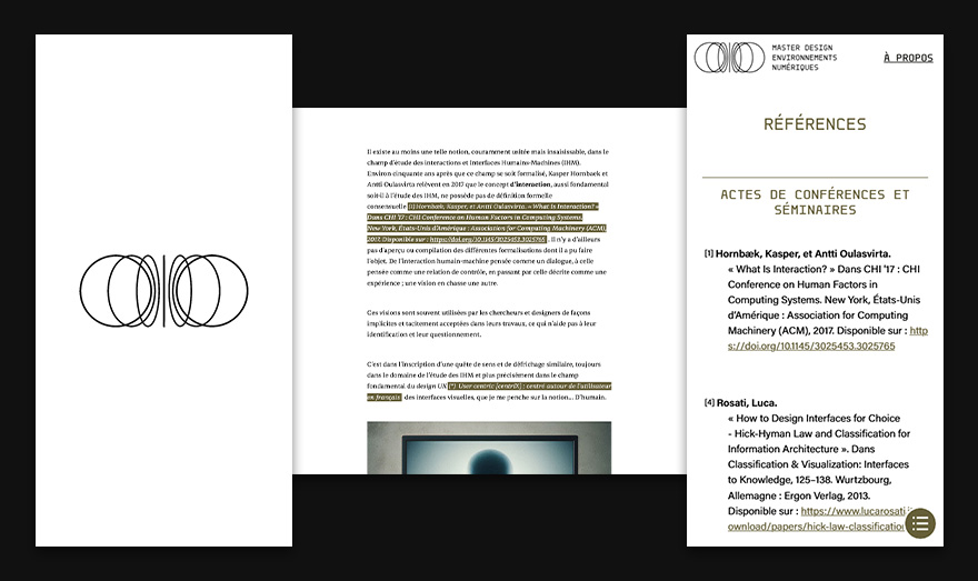 Aperçu de certaines solutions de design : écran et animation de chargement, citations dans le flux de texte, génération automatique des références.