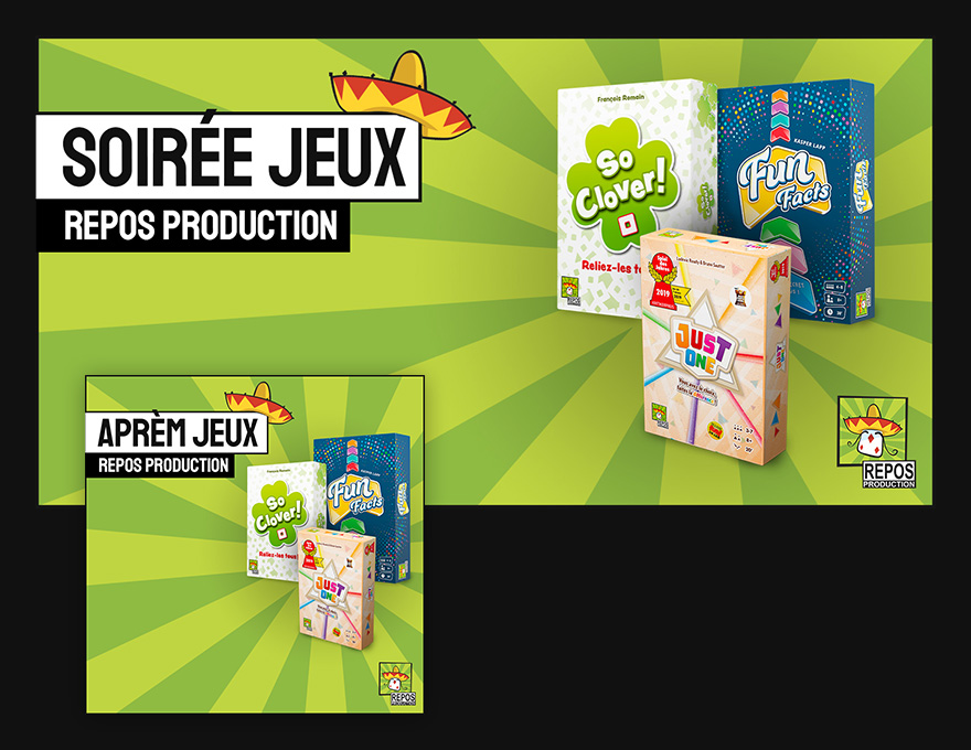 Visuels Facebook et Twitter pour des animations en cafés-jeux pour des jeux de l'éditeur Repos Production.