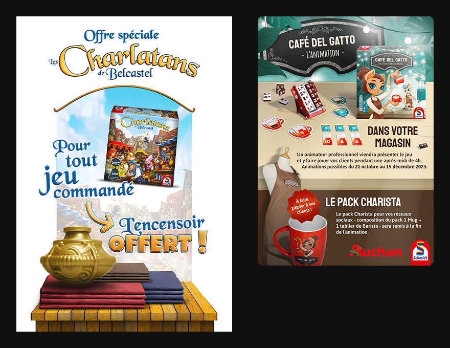 Visuels d'opérations publicitaires spéciales auprès des revendeurs de jeux de société.