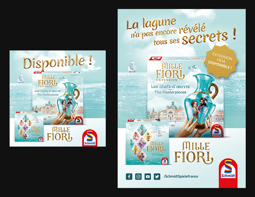 Visuels Twitter et page imprimée dans le magazine Philimag pour accompagner la sortie
                        de l'extension 	"Les Chefs-d'Œeuvre" du jeu Mille Fiori.