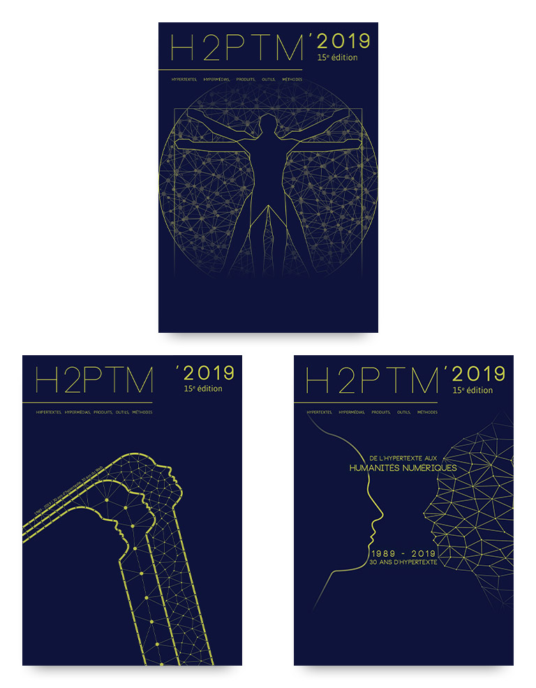 Trois itérations précédent le design graphique retenu pour l'identité de l'évènement.Ayant les mêmes couleurs et concepts de répartition de l'information, ils présentent des vues abstraites différentes&nbsp;: une première reprend la silhouette de l'homme de vitruve en le mettant en scène dans un maillage de noeuds en réseau. Une seconde met en succession trois silhouettes de visages regardant dans la même direction, texturés avec des maillages de noeuds en réseaux croissants en densité. La troisième et dernière met en scène deux silhouettes de visages symétriques se faisant face selon le design du dessin du vase d'Edgar Rubin&nbsp;: un non texturé aux contours doux et organiques, l'autre aux contours anguleux et constitué d'un maillage de noeuds en réseau, avec les informations du colloque au centre du visuel.