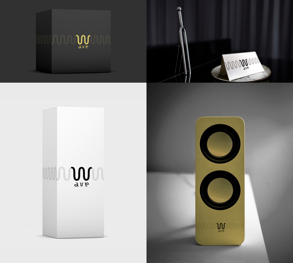Incrustation du logo en identité élargie sur divers produits : emballage carton noir avec logo or, emballage carton blanc avec logo noir, carte de visite avec logo noir, et enceinte audio or avec logo noir.