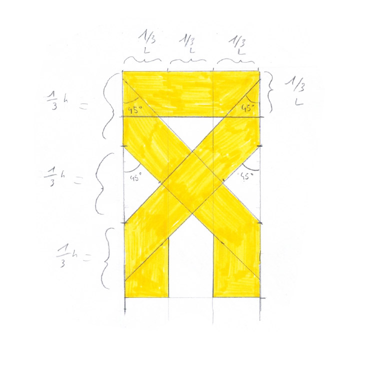 Visualisation de la conceptualisation géométrique du logo (crayonnage et coloriage au feutre sur papier blanc non‑couché 90g). Le logo repose sur un ratio largeur/hauteur de 1/1,5 et décrit une symétrie axiale verticale en son centre. Les traits sont tous de la même épaisseur (contours et déliés sont strictement égaux). Les pieds des deux lettres R décrits par des diagonales de 45° se joignent au centre du logo. Les tiges sont extrudées afin d'ouvrir la forme. Le haut du glyphe reste fermé car les bols des deux lettres sont conservés.