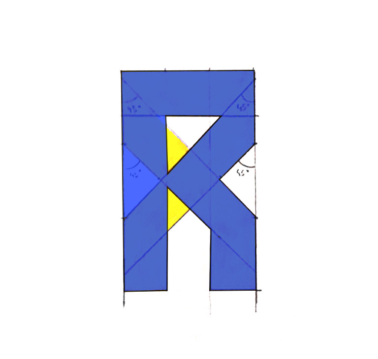 Visualisation de la typographie de la première lettre R d'orientation normale (tige à gauche) en bleu, en superposition de la conceptualisation géométrique du logo.