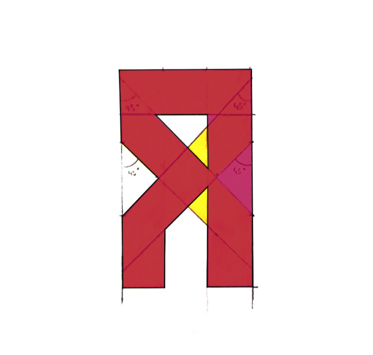 Visualisation de la typographie de la seconde lettre R d'orientation inversée (tige à droite) en rouge, en superposition de la conceptualisation géométrique du logo.