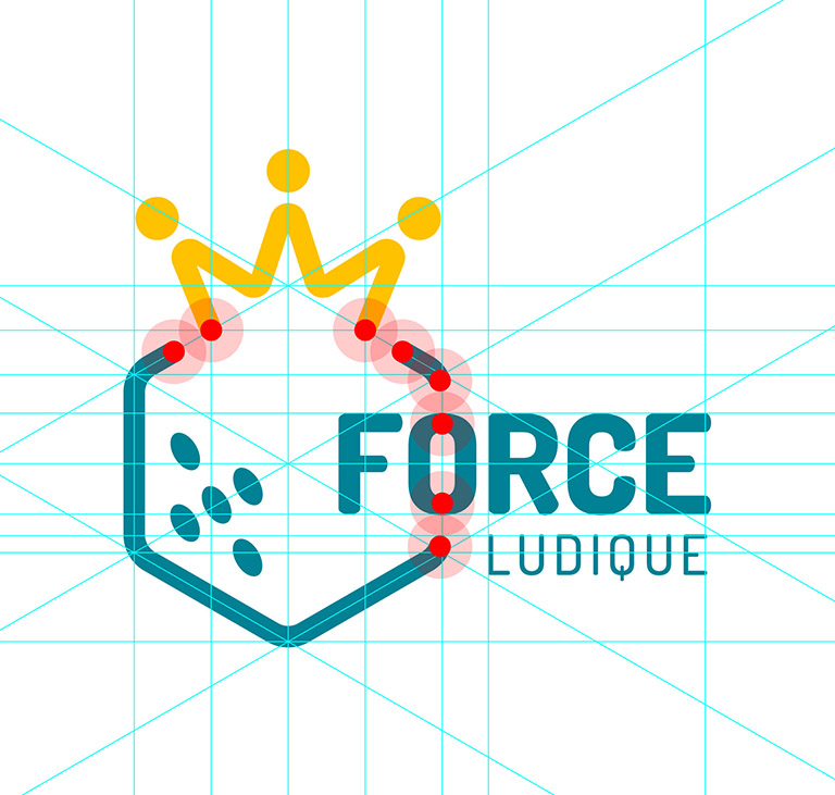 Visualisation explicite des proportions et de la géométrie du logo en version avec nom de société. Le mot «&nbsp;Force&nbsp;» mis en valeur est positionné et épaissi de façon à respecter les proportions des formes et des vides du reste du symbole.