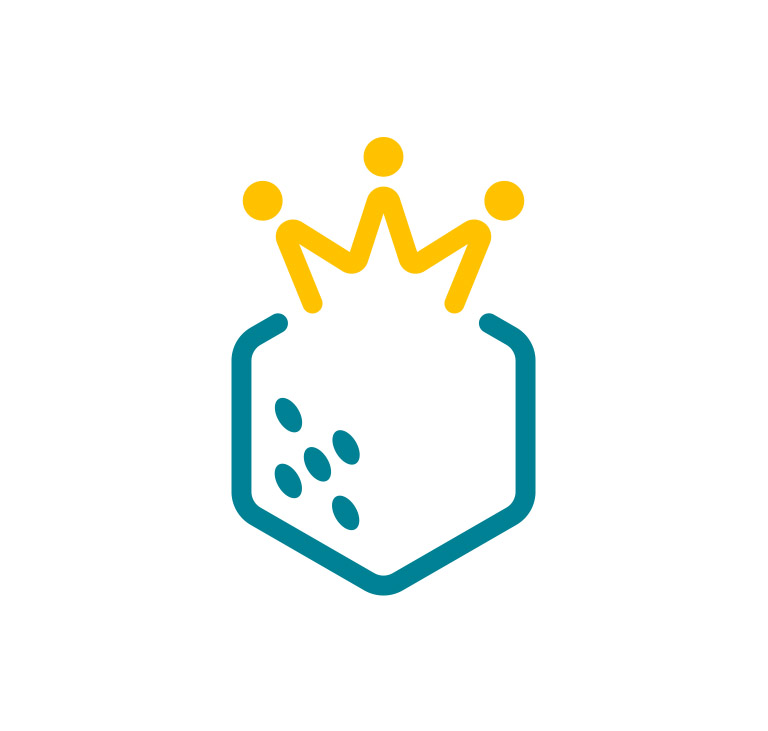 Visuel numérique du logo dans sa version simple. Design minimaliste filaire aux contours linéaires égaux et épais, constitué d'un hexagone turquoise ouvert en son haut, cette dernière ouverture couverte d'une couronne jaune à trois pointes. Sur le côté bas gauche de l'hexagone figurent cinq points disposés de façon identique à celle de la face à cinq points d'un dé, donnant l'illusion que l'hexagone est un dé couronné. Un second niveau de lecture donne l'impression que la couronne représente trois personnes abstraites joignant leurs mains sur une table constituée par l'espace supérieur du dé géant qu'elles surplombent (comme un espace de jeu de société, le dessus d'une table).