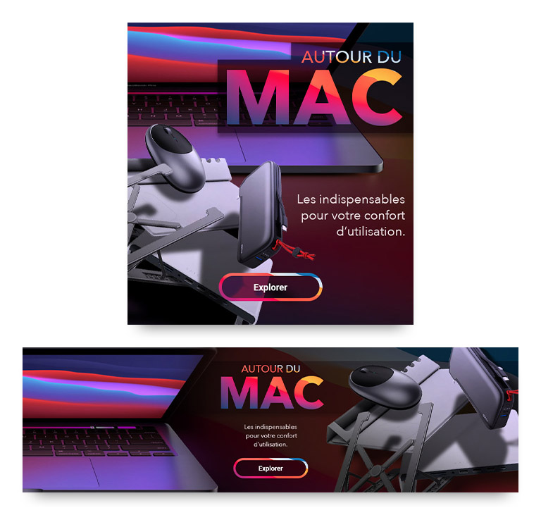 Visuel numérique reponsive pour la promotion des accessoires pour ordinateurs portables Mac.