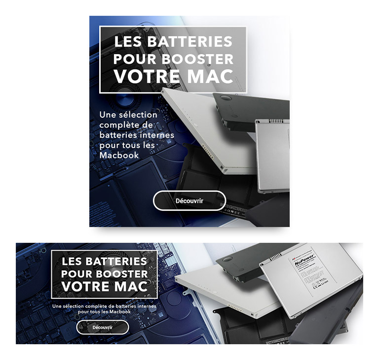 Visuel numérique responsive pour la promotion des batteries pour ordinateurs portables Mac.