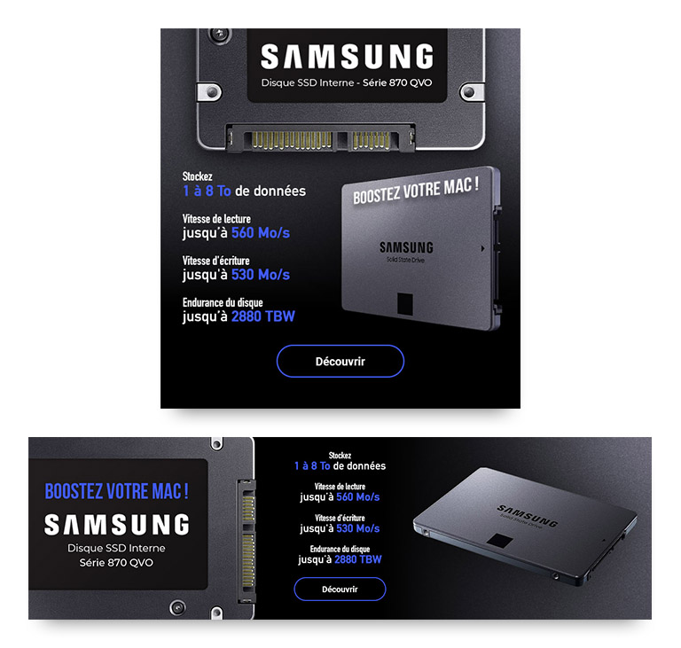 Visuel numérique reponsive pour la promotion produit du SSD externe Samsung 870 QVO.