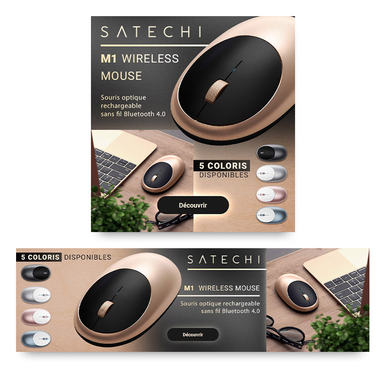 Visuel numérique reponsive pour la promotion produit de la souris Satechi M1 Wireless Mouse.