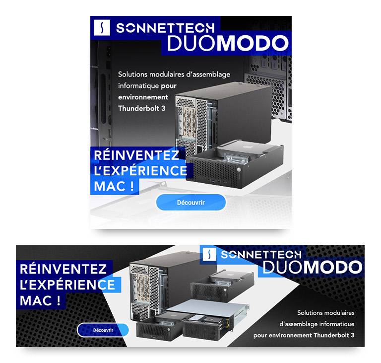 Visuel numérique reponsive pour la promotion produit du matériel d'assemblage informatique Sonnettech DuoModo.