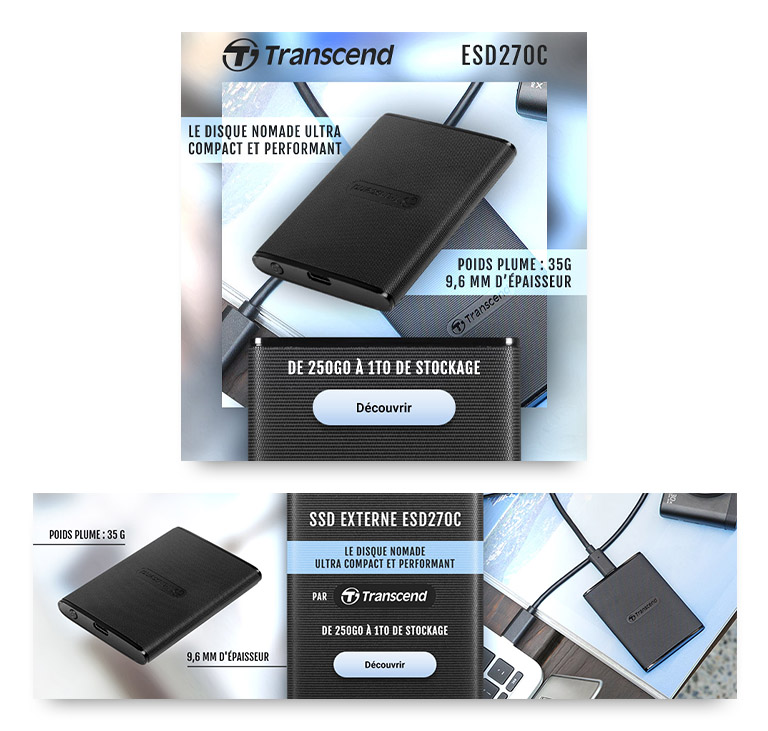 Visuel numérique reponsive pour la promotion produit du SSD externe Transcend ESD270C.