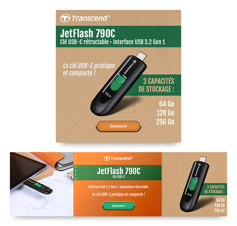 Visuel numérique reponsive pour la promotion produit de la clé USB Transcend JetFlash 790C.
