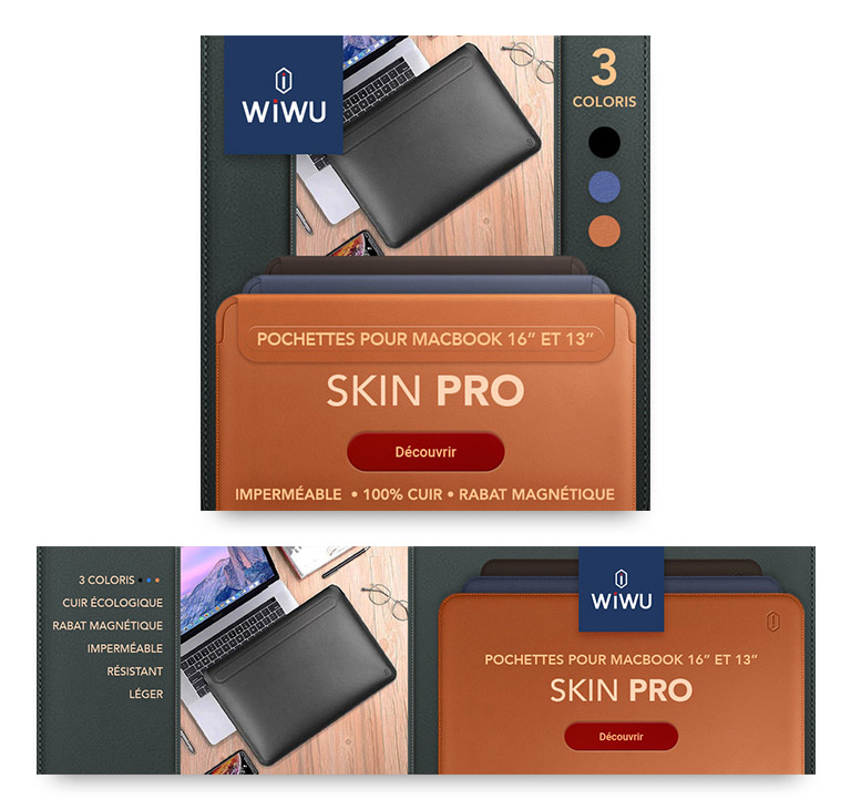 Visuel numérique reponsive pour la promotion produit des pochettes Wiwu Skin Pro.