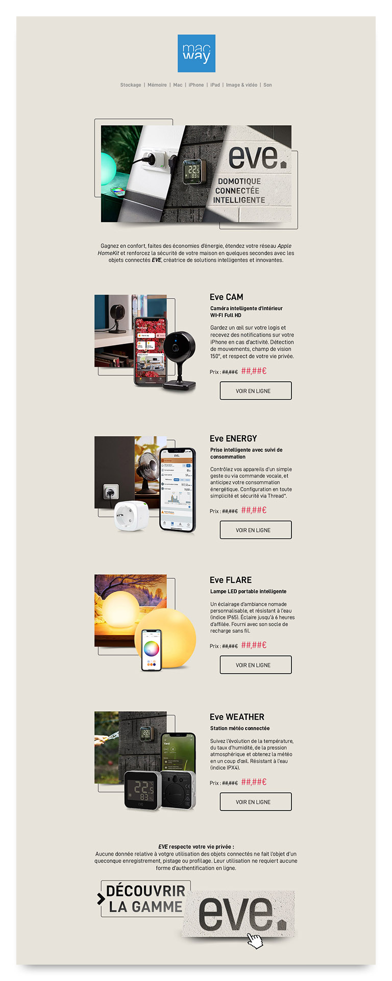 Visuel numérique de la newsletter promotionnelle des produits domotiques connectés Eve. Constitué d'une section d'en‑tête présentant la gamme, de quatre mises en avant distinctes de produits avec description, prix et appel à l'achat (call‑to‑action), et enfin une section de réassurance technique en pied de&nbsp;courriel.