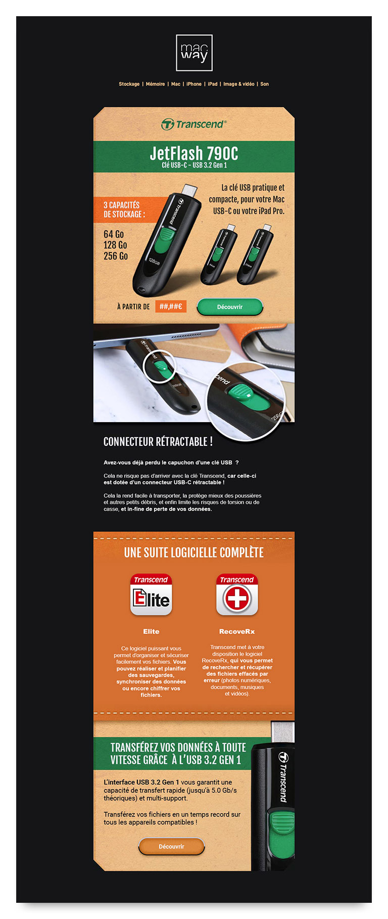 Visuel numérique de la newsletter promotionnelle de la clé USB Transcend JetFlash&nbsp;790C. La newsletter se décompose en un en‑tête de présentation et visualisation produit, et un déroulé successif de trois argumentations techniques présentant les avantages du produit en&nbsp;détail. Composition HTML et&nbsp;images.