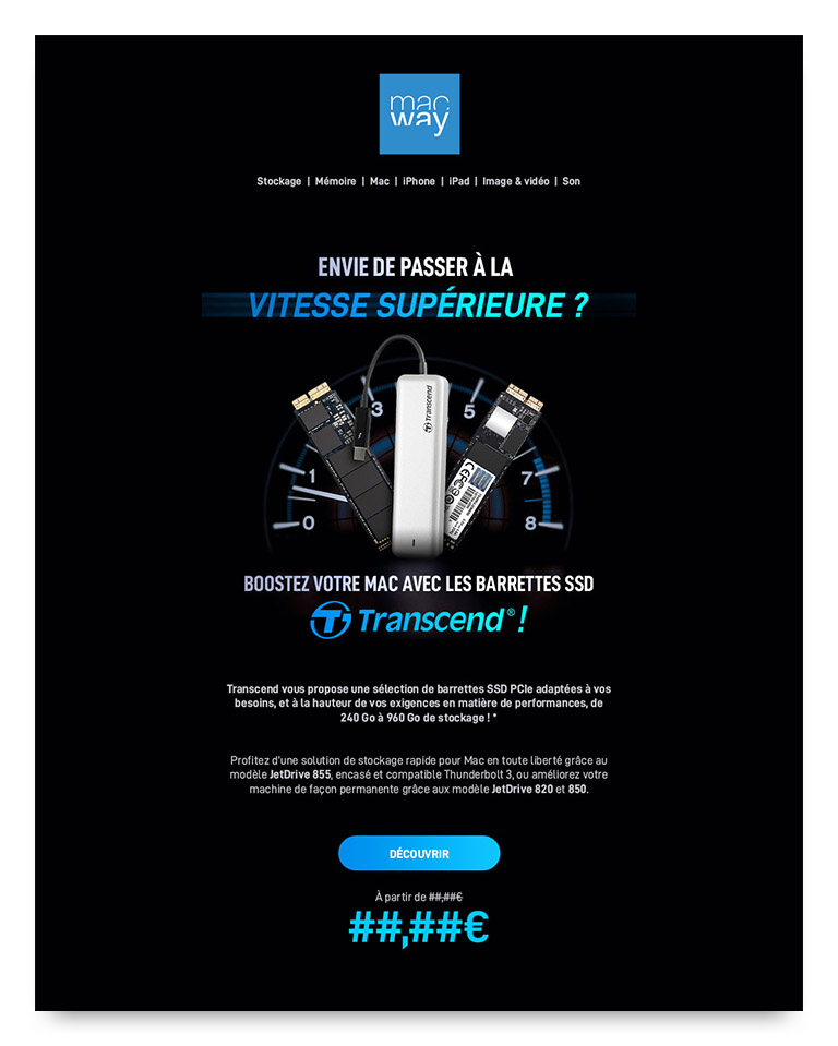 Visuel numérique de la newsletter promotionnelle des SSD internes&nbsp;Transcend. Il se décompose en trois sections&nbsp;: Un en‑tête d'accroche avec un visuel animé mettant en scène trois SSD, un descriptif de l'offre en deux paragraphes, et un appel à l'achat (call‑to‑action). HTML et&nbsp;images.